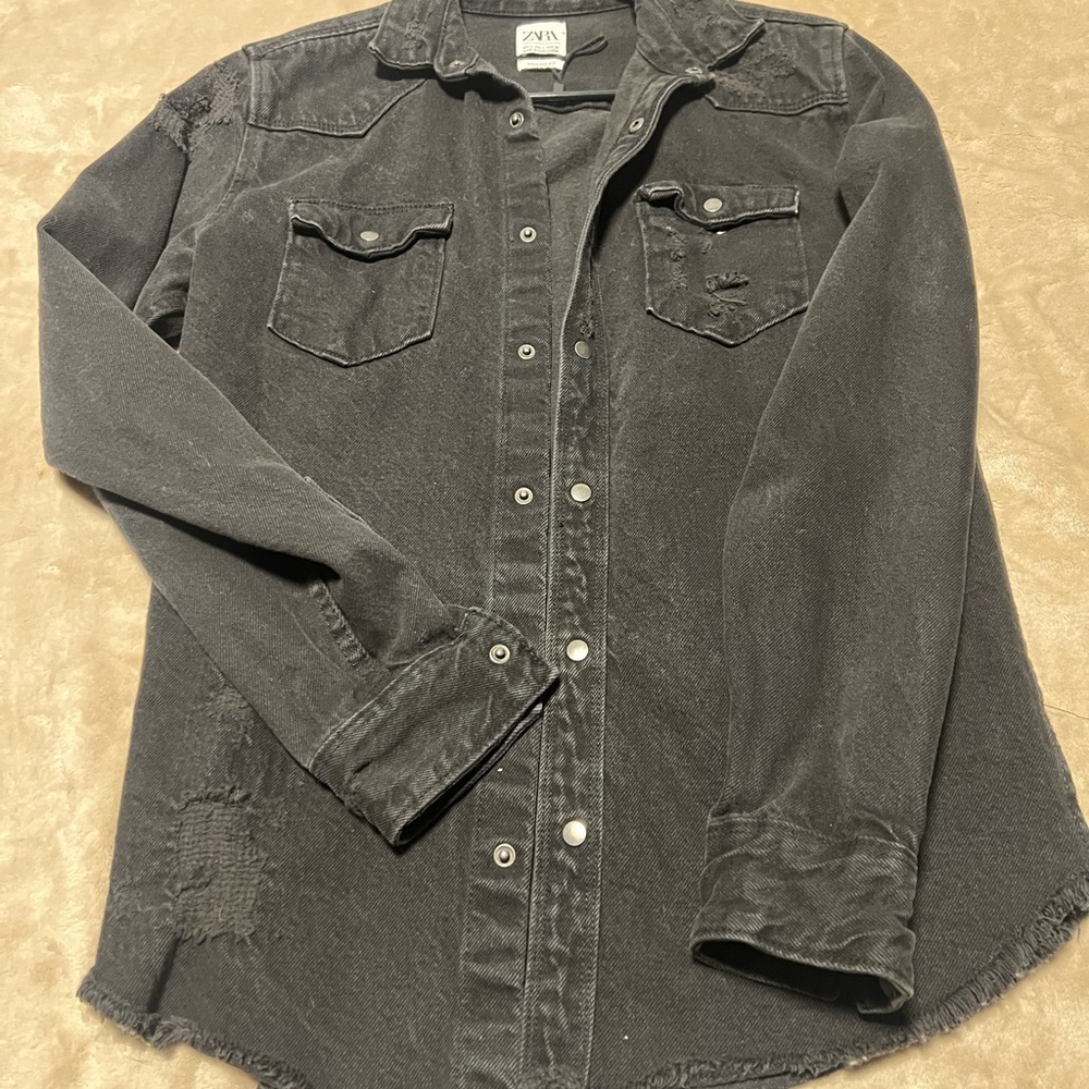 Zara distressed western rock black denim overshirt jacket shirt ripped